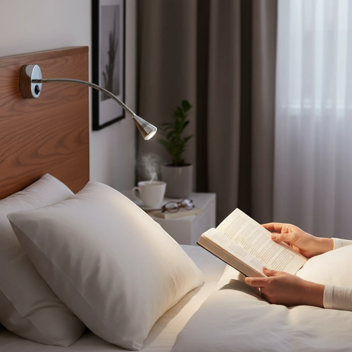 Ultra Beam Lighting Ltd Baresi polished chrome LED reading lamp with flexible arm mounted above a bedroom headboard.
