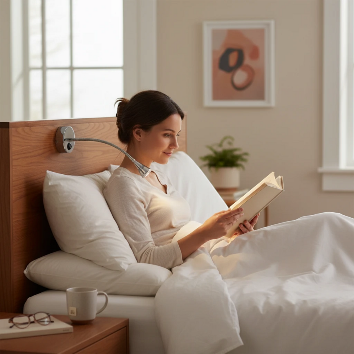 Ultra Beam Lighting Ltd Baresi polished chrome flexible LED reading lamp mounted on a wooden headboard in a bedroom.
