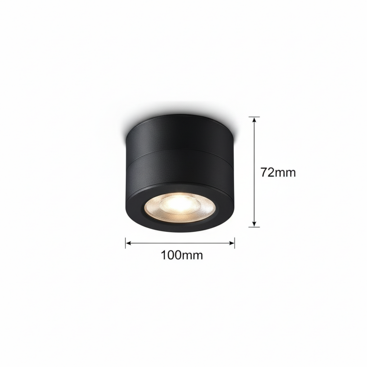 Ultra Beam Lighting Ltd 12 watt black adjustable LED ceiling lamp with 100mm diameter and 72mm height dimensions.