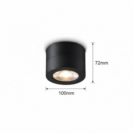 Ultra Beam Lighting Ltd 12 watt black adjustable LED ceiling lamp with 100mm diameter and 72mm height dimensions.