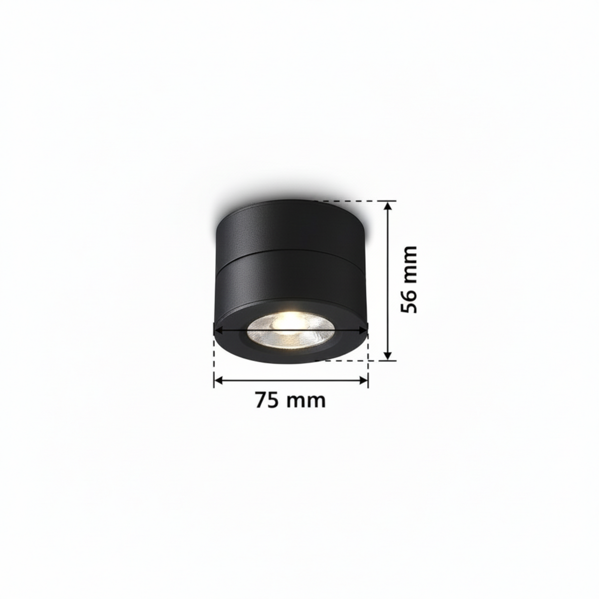 Ultra Beam Lighting Ltd 5W black adjustable surface mounted downlight with 75mm diameter and 56mm height dimensions.