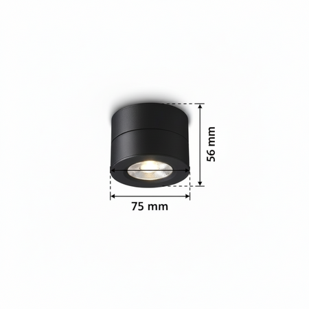 Ultra Beam Lighting Ltd 5W black adjustable surface mounted downlight with 75mm diameter and 56mm height dimensions.