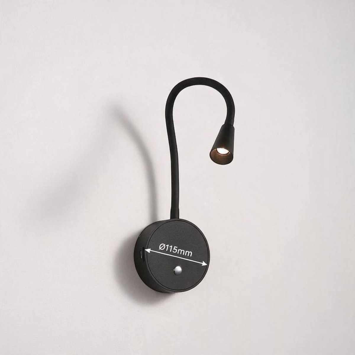 Ultra Beam Lighting Ltd black flexible LED reading light with touch switch and integrated USB charging ports