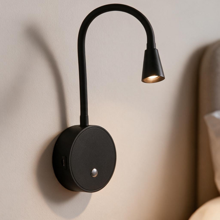 Ultra Beam Lighting Ltd black flexible LED wall reading light with integrated USB charging ports and touch switch