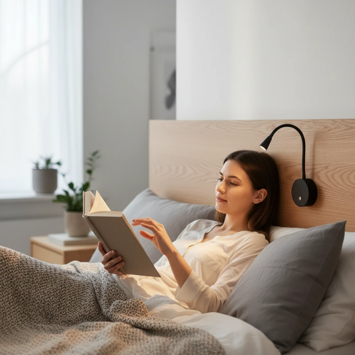 Ultra Beam Lighting Ltd black flexible LED reading light with USB ports mounted on a wooden headboard above a bed.