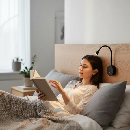 Ultra Beam Lighting Ltd black flexible LED reading light with USB ports mounted on a wooden headboard above a bed.