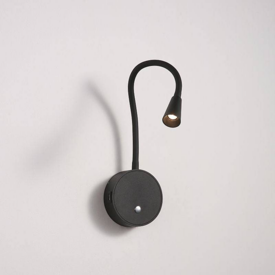 Ultra Beam Lighting Ltd black flexible LED reading light with a touch switch and integrated USB charging ports.