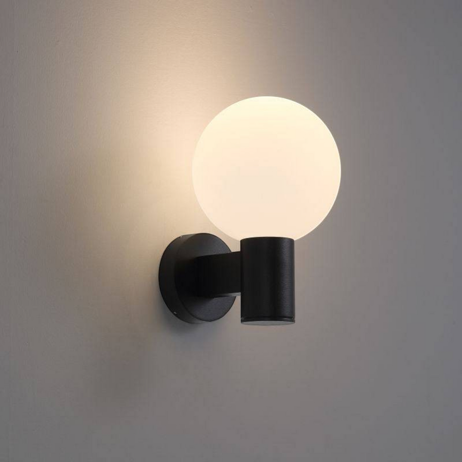 Ultra Beam Lighting Ltd 3W LED outdoor wall light with a black metal base and a glowing opal acrylic globe diffuser.