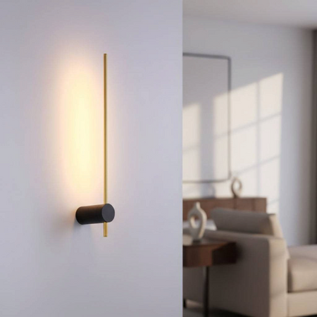 Ultra Beam Lighting Ltd 6W LED wall sconce in black and gold with a cylindrical base and slender backlit metal post.