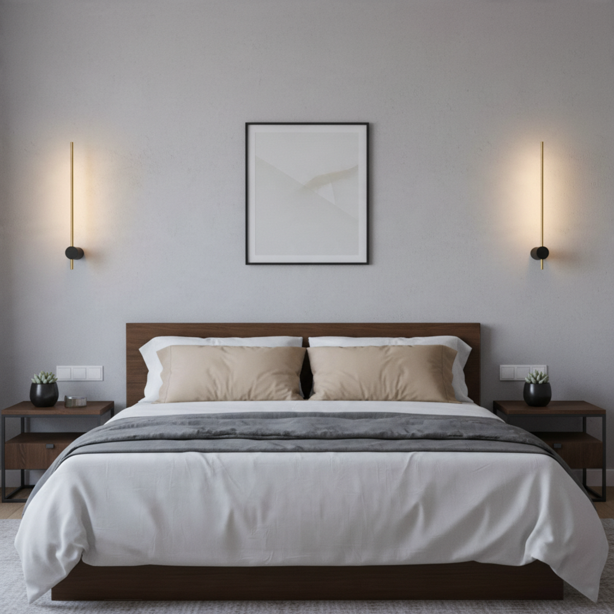Ultra Beam Lighting Ltd black and gold LED wall sconce providing warm ambient light in a modern bedroom interior.