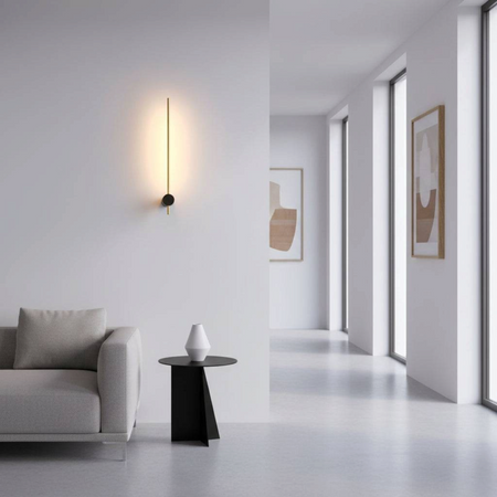 Ultra Beam Lighting Ltd 6W black and gold LED wall sconce with backlit warm white light in a modern living room
