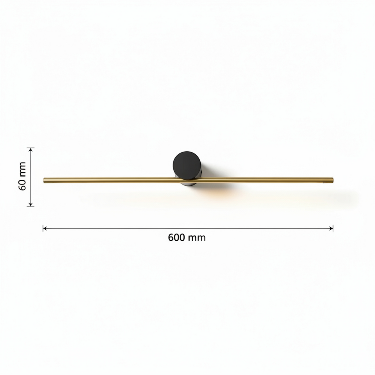 Ultra Beam Lighting Ltd 600mm black and gold LED picture light fixture with dimensions shown on a white background.