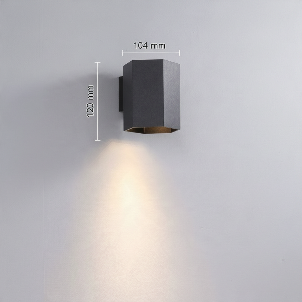 Ultra Beam Lighting Ltd black hexagonal LED wall down light with warm 3000K illumination and 30-degree beam angle