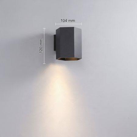 Ultra Beam Lighting Ltd black hexagonal LED wall down light with warm 3000K illumination and 30-degree beam angle