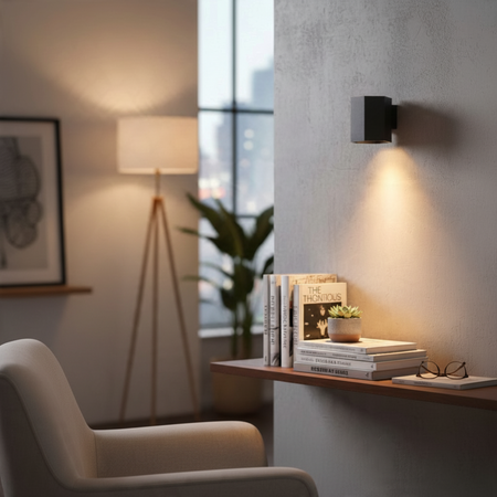 Ultra Beam Lighting Ltd black hexagonal LED wall downlight casting a warm 3000K light beam over a shelf with books.