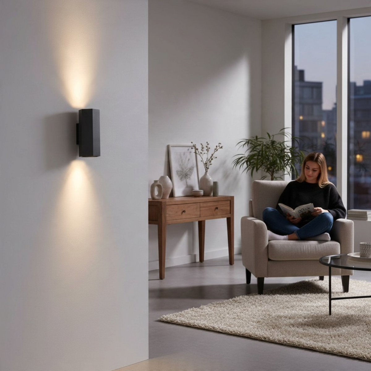 Ultra Beam Lighting Ltd black hexagonal up and down wall light casting warm light on a modern living room wall