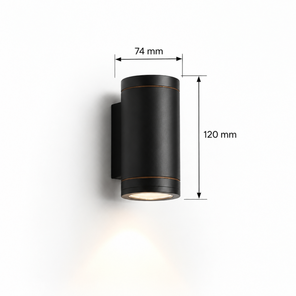 Ultra Beam Lighting Ltd 6 watt black aluminium LED outdoor wall downlight with 120mm height and 74mm width dimensions.