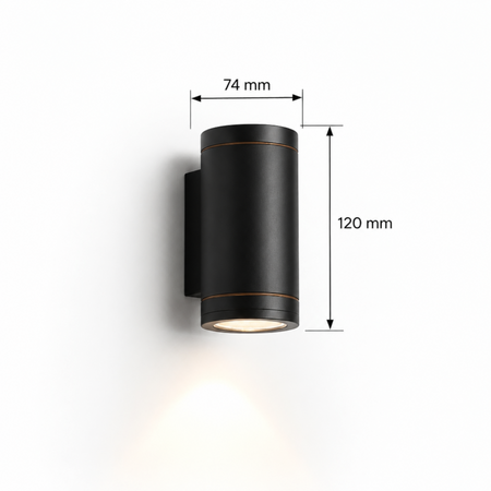Ultra Beam Lighting Ltd 6 watt black aluminium LED outdoor wall downlight with 120mm height and 74mm width dimensions.