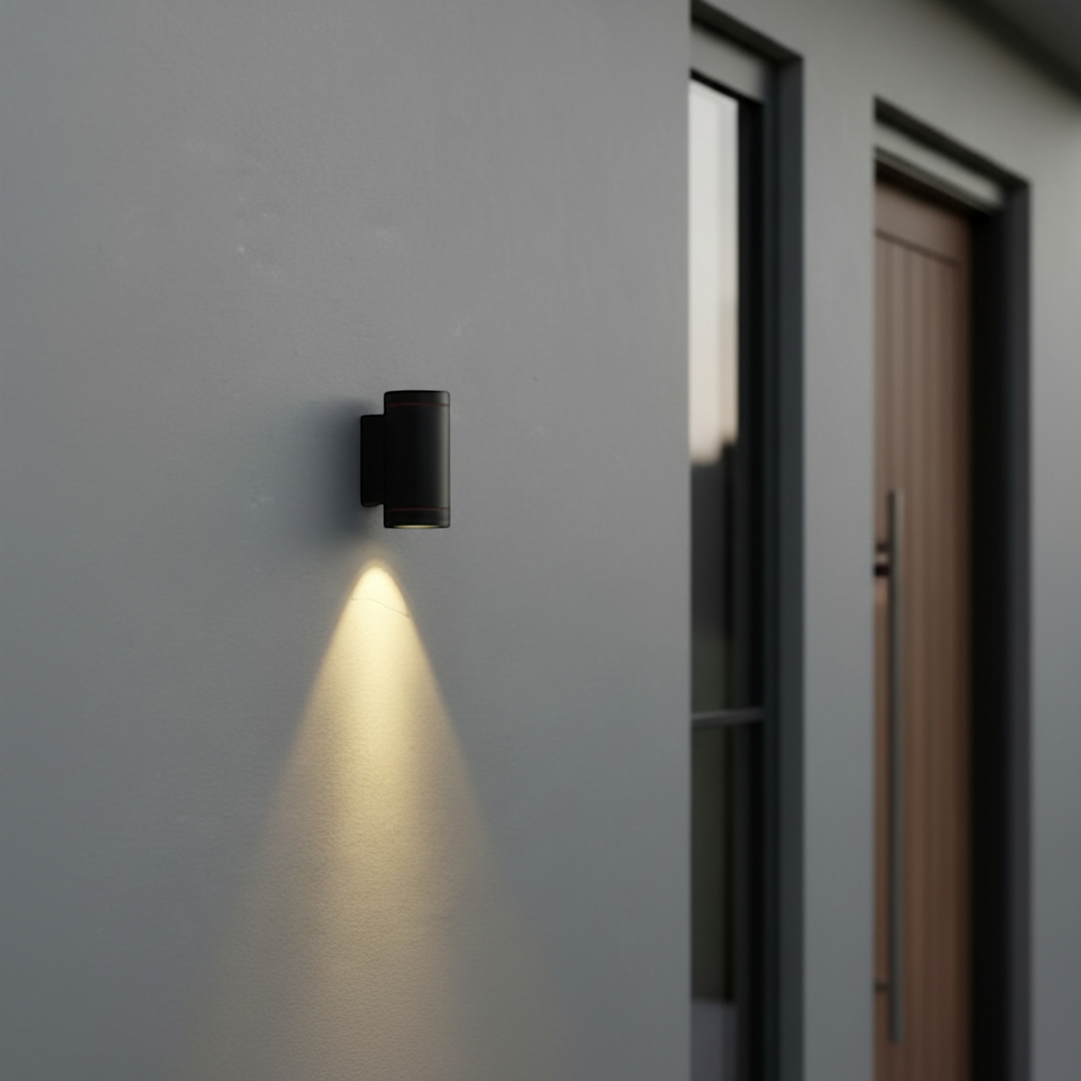 Ultra Beam Lighting Ltd 6W black aluminium LED wall downlight mounted on a grey exterior wall casting a warm light