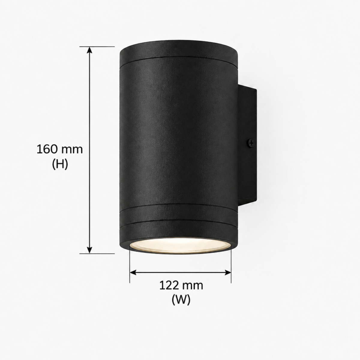 Ultra Beam Lighting Ltd 12W LED black outdoor wall downlight with 160mm height and 122mm width dimensions.