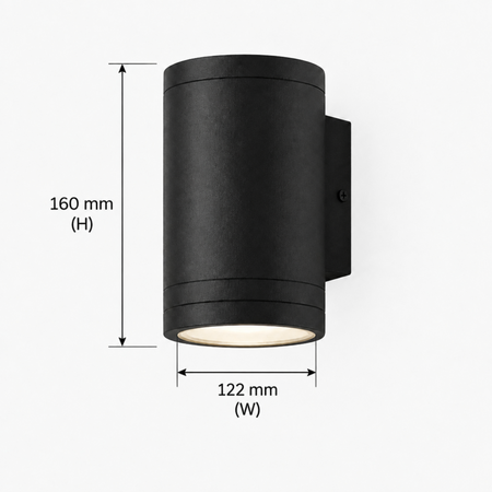 Ultra Beam Lighting Ltd 12W LED black outdoor wall downlight with 160mm height and 122mm width dimensions.