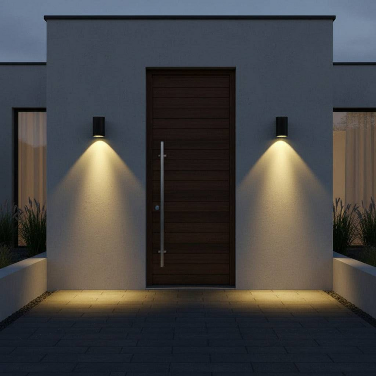 Ultra Beam Lighting Ltd 12W LED black outdoor wall downlight casting a warm downward beam on a modern home entrance.
