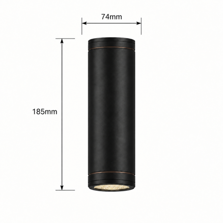 Ultra Beam Lighting Ltd 12W black cylindrical LED outdoor up and down wall light with dimensions shown