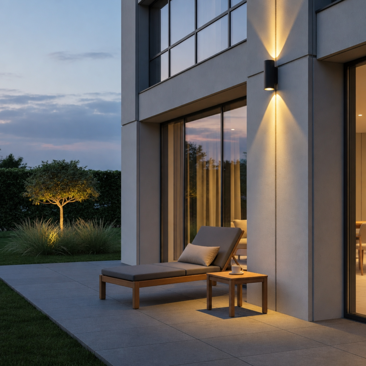 Ultra Beam Lighting Ltd black 24W LED outdoor wall light casting a warm beam on a modern patio exterior