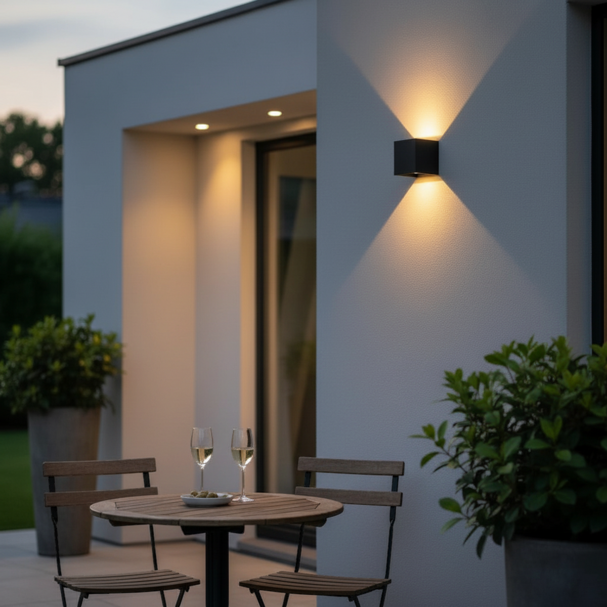 Ultra Beam Lighting Ltd black square LED up and down outdoor wall light mounted on a modern patio wall at dusk