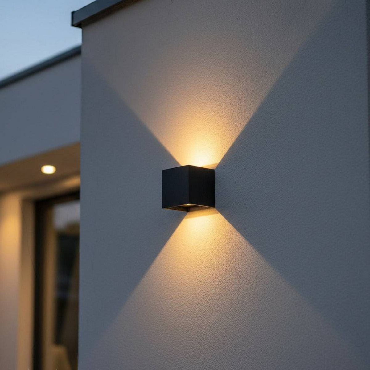 black up and down outdoor wall light mounted on the exterior of a modern house on a textured wall