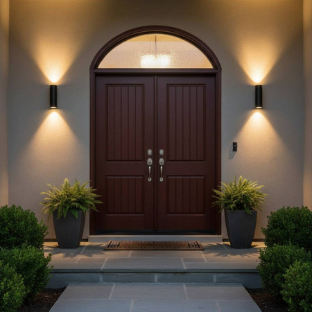 Ultra Beam Lighting Ltd black LED up and down wall lights illuminating a front door entrance at night
