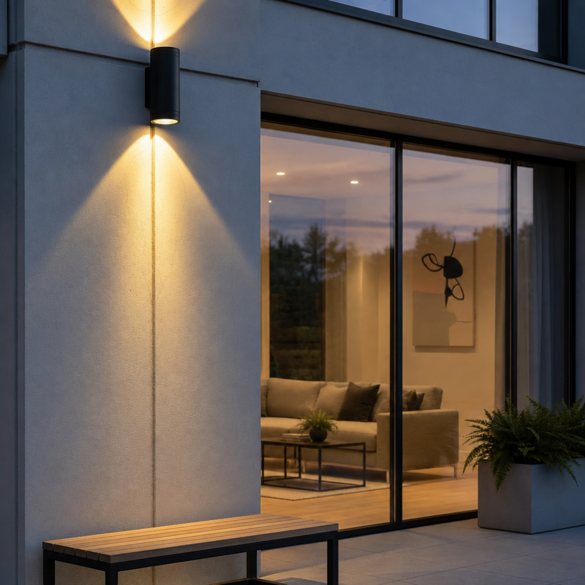 Ultra Beam Lighting Ltd 24 watt black LED outdoor wall light casting warm dual beams on a modern patio wall