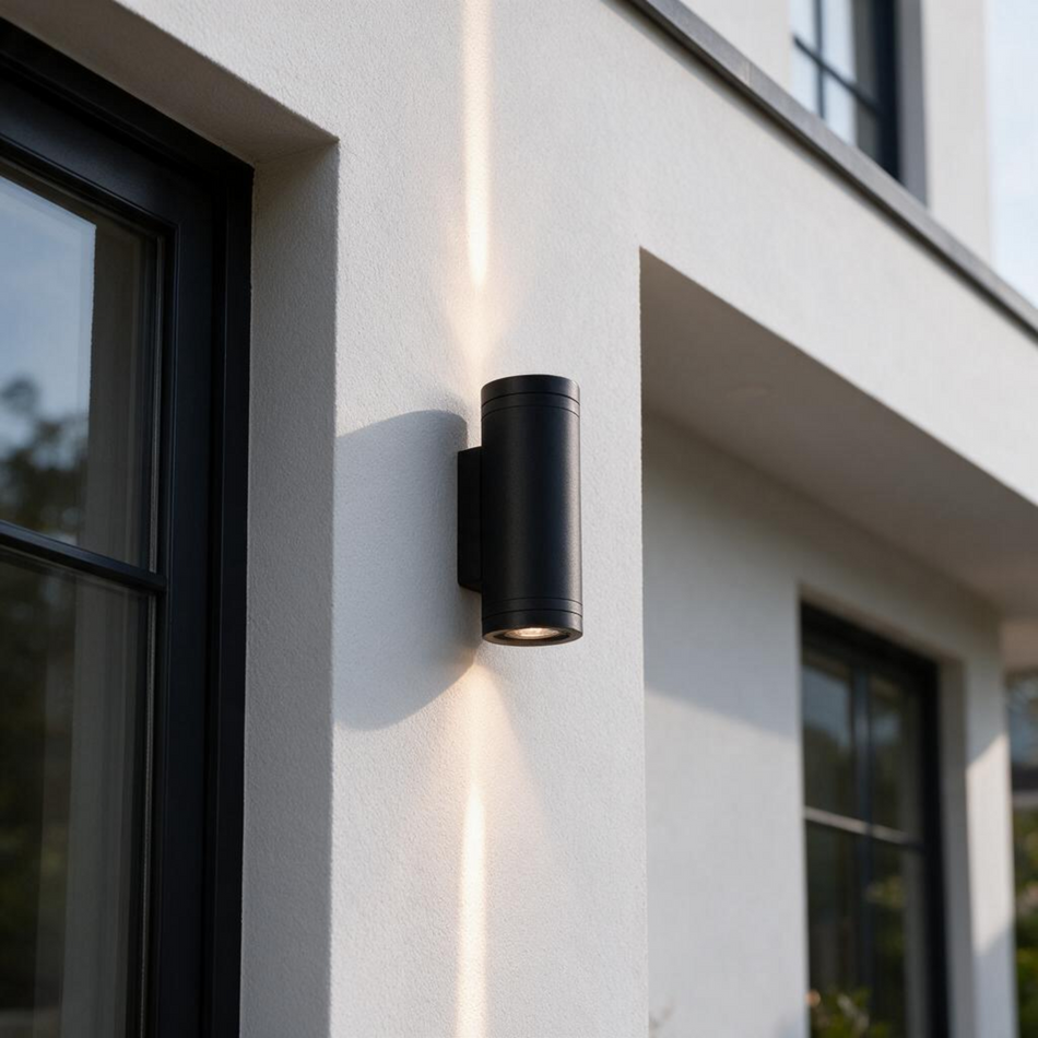 Ultra Beam Lighting Ltd 6W LED black cylindrical up and down wall light mounted on a white exterior house wall