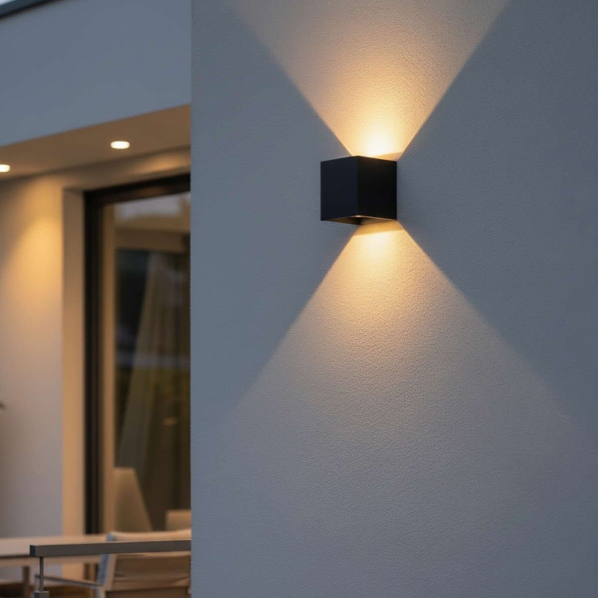 Ultra Beam Lighting Ltd black square LED outdoor wall light casting warm up and down beams on a modern exterior wall