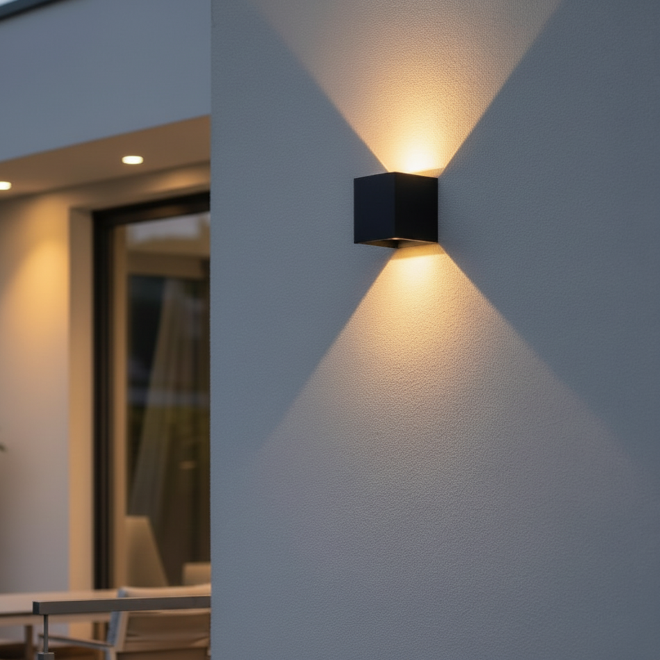 Ultra Beam Lighting Ltd black square LED outdoor wall light casting warm up and down beams on a modern exterior wall