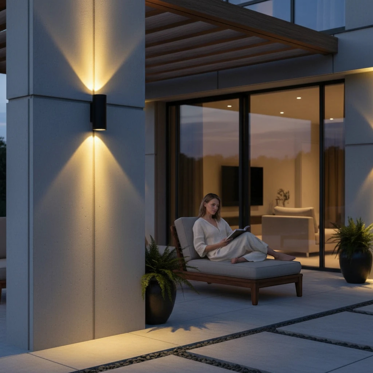 Ultra Beam Lighting Ltd black 24W LED outdoor wall light casting warm up and down beams on a modern patio wall.