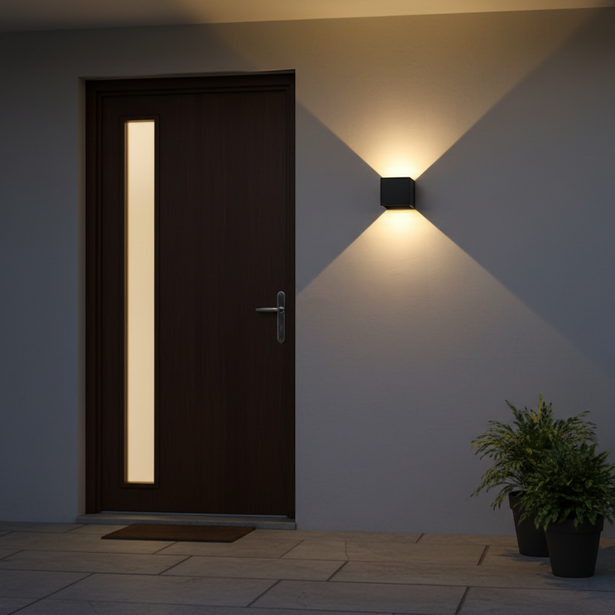 Ultra Beam Lighting Ltd black square LED up and down outdoor wall light mounted next to a modern front door