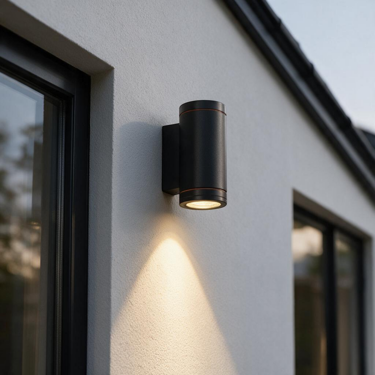 Ultra Beam Lighting Ltd 6W black aluminium LED outdoor wall downlight mounted on a modern exterior wall.