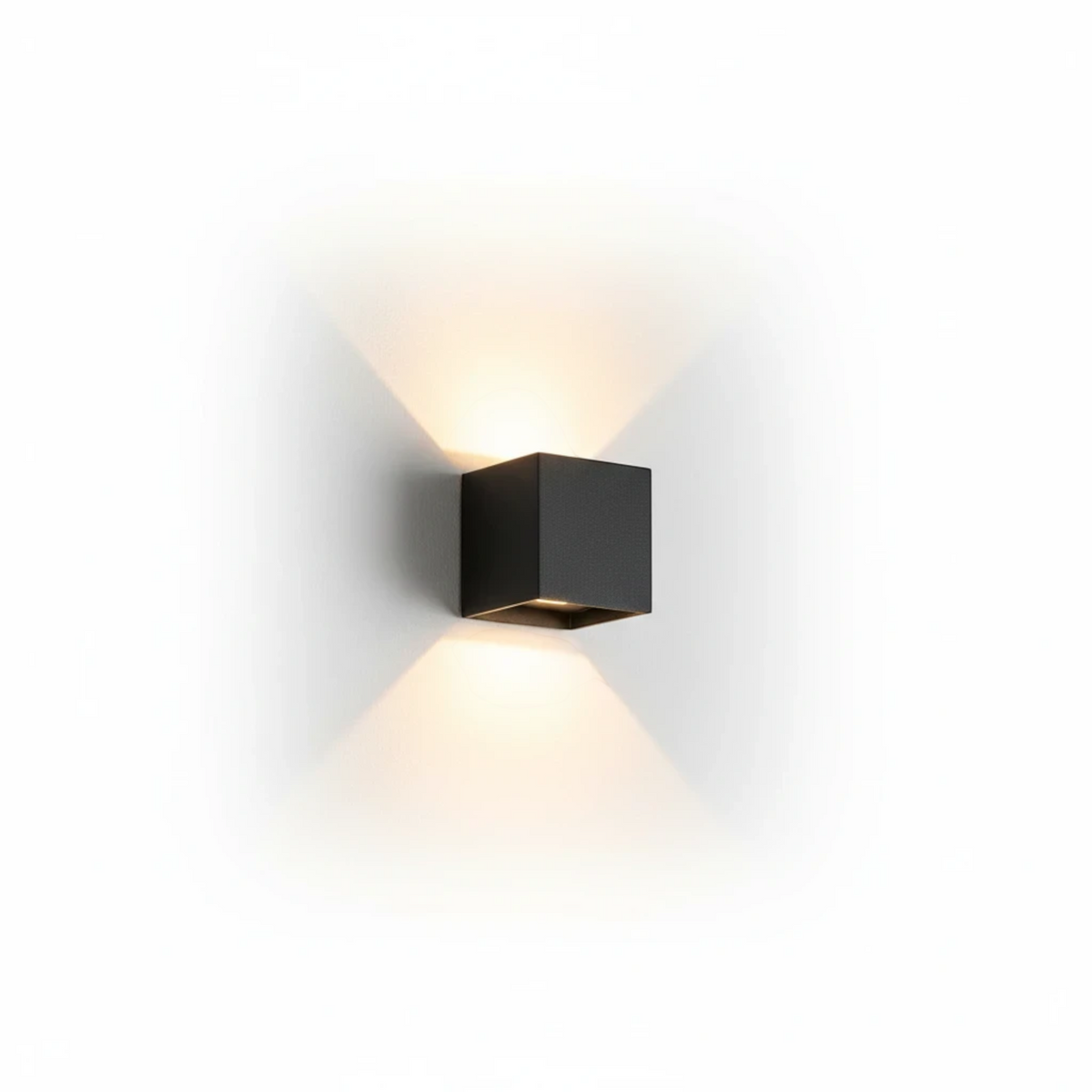 Ultra Beam Lighting Ltd black square LED outdoor wall light with up and down beam effect on a white wall