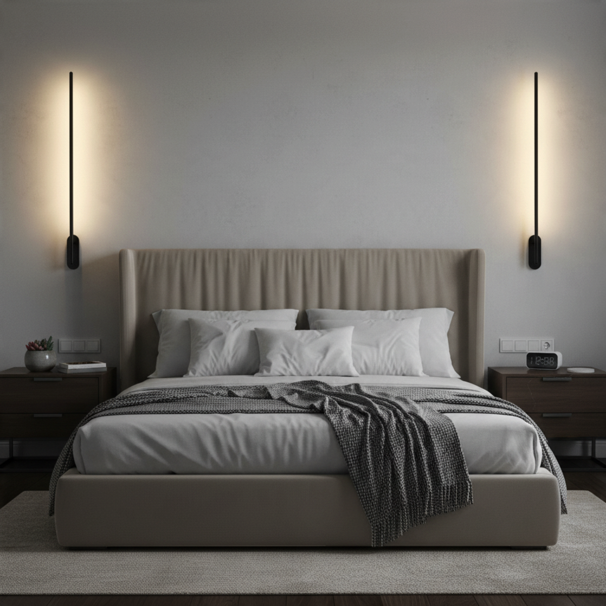 Ultra Beam Lighting Ltd 10W LED black wall lights mounted vertically in a modern bedroom, creating a soft halo effect.
