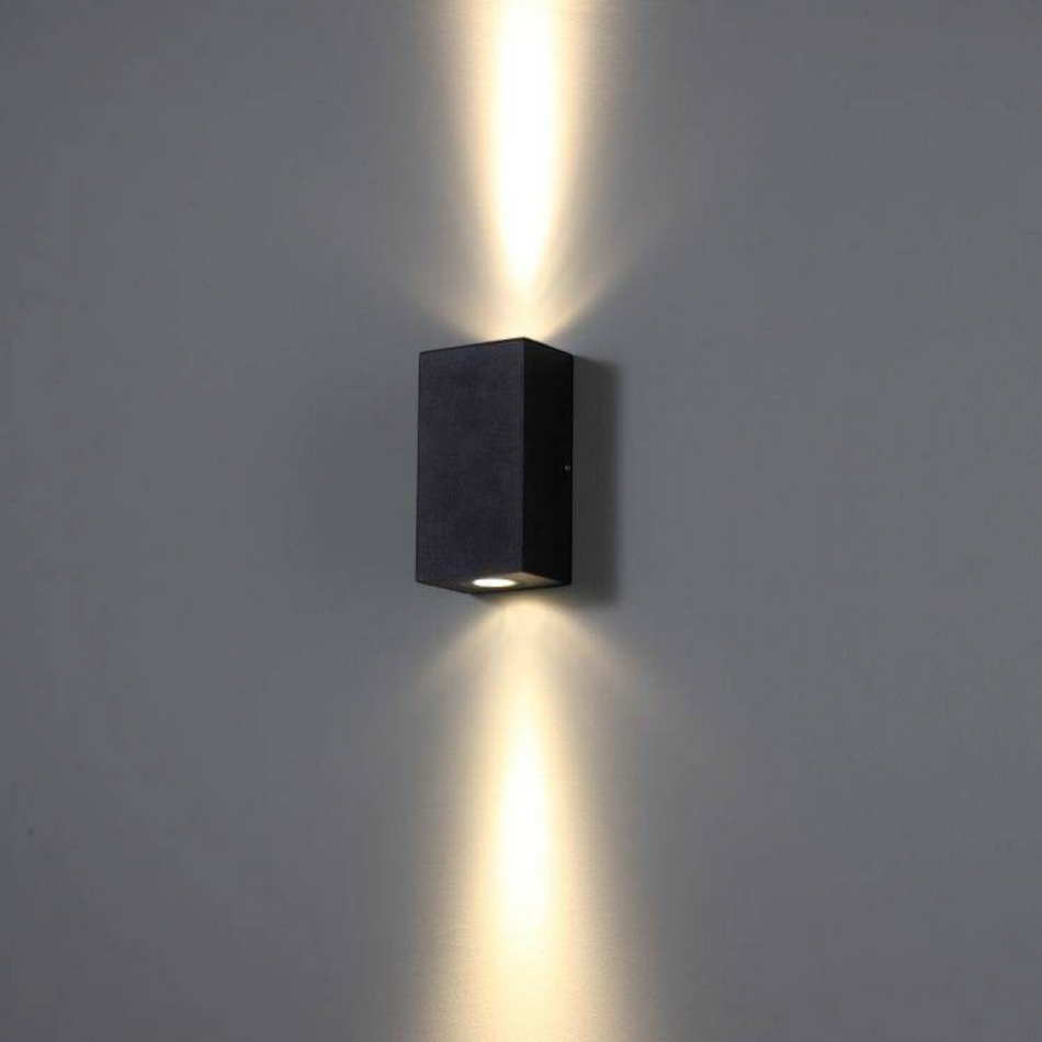Ultra Beam Lighting Ltd 6W black aluminium square LED wall light with dual-direction up and down beam illumination.