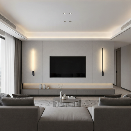 Ultra Beam Lighting Ltd 10W LED black wall lights mounted vertically in a modern living room with halo wash effect
