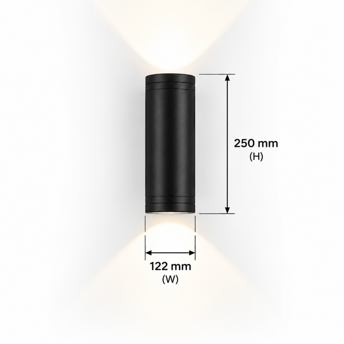 Ultra Beam Lighting Ltd 24W black cylindrical LED outdoor wall light with dual up and down beam illumination