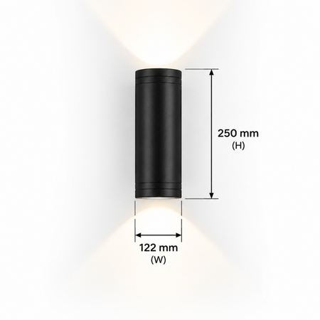 Ultra Beam Lighting Ltd 24W black cylindrical LED outdoor wall light with dual up and down beam illumination
