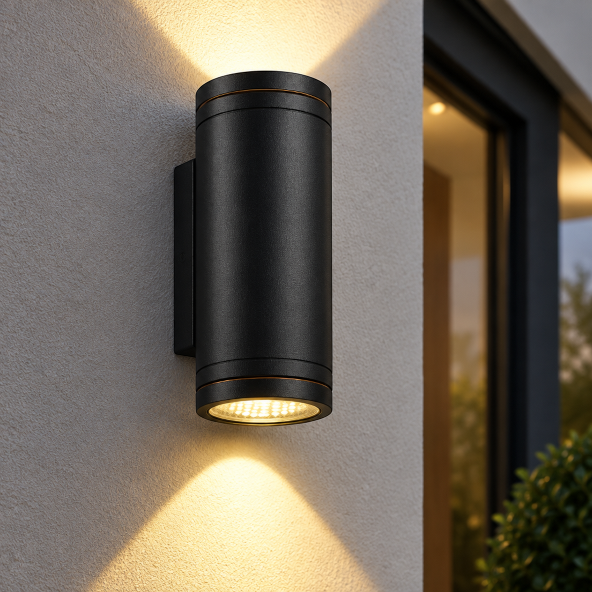 Ultra Beam Lighting Ltd 24W black cylindrical LED outdoor wall light casting dual beams on a textured exterior wall.