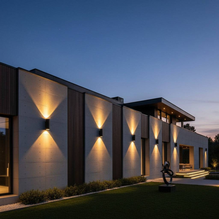 Ultra Beam Lighting Ltd 24W black LED outdoor wall lights mounted on a modern concrete building at dusk