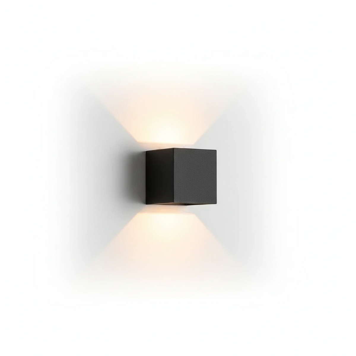 Ultra Beam Lighting Ltd black square LED outdoor wall light with dual up and down beams on a white wall