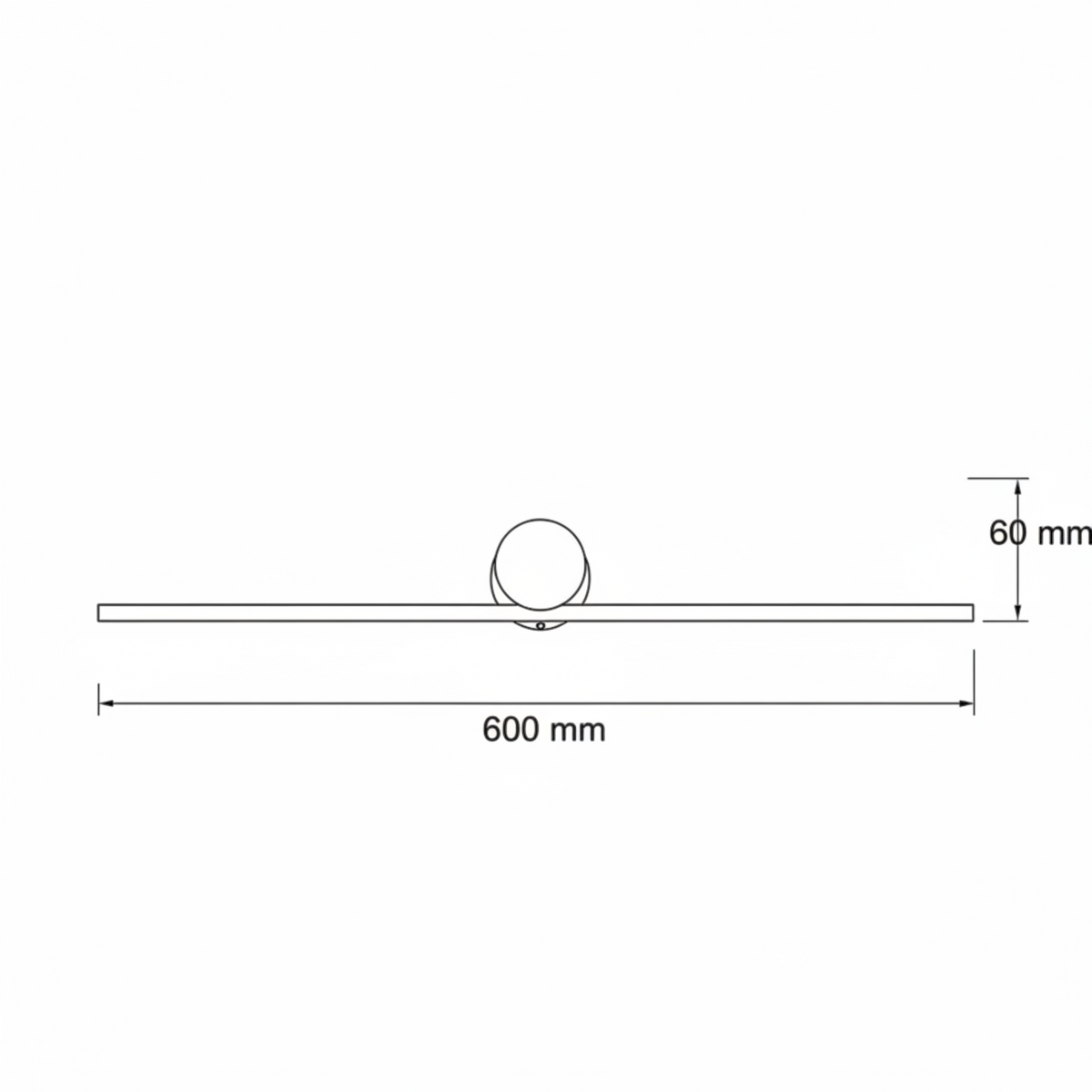 Ultra Beam Lighting Ltd 600mm wide black LED picture light technical line drawing showing dimensions
