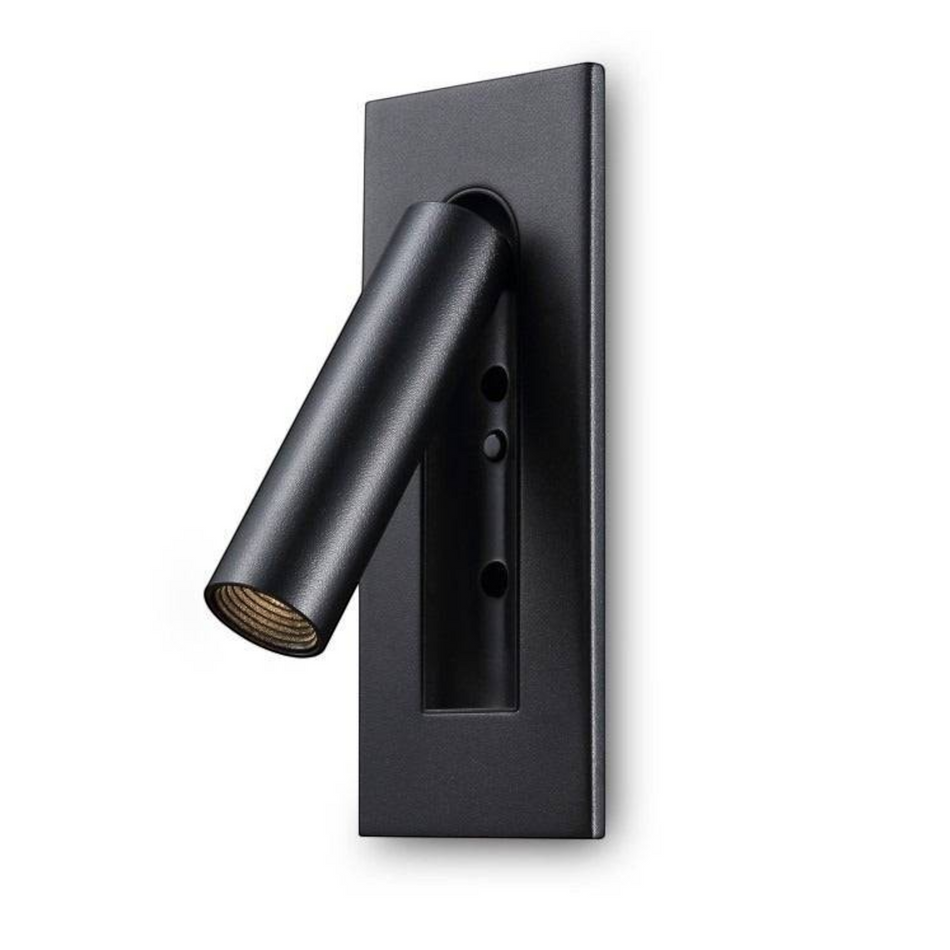 black recessed LED reading wall light shown on a white background