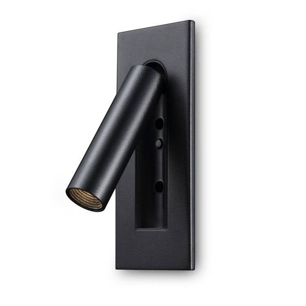 black recessed LED reading wall light shown on a white background